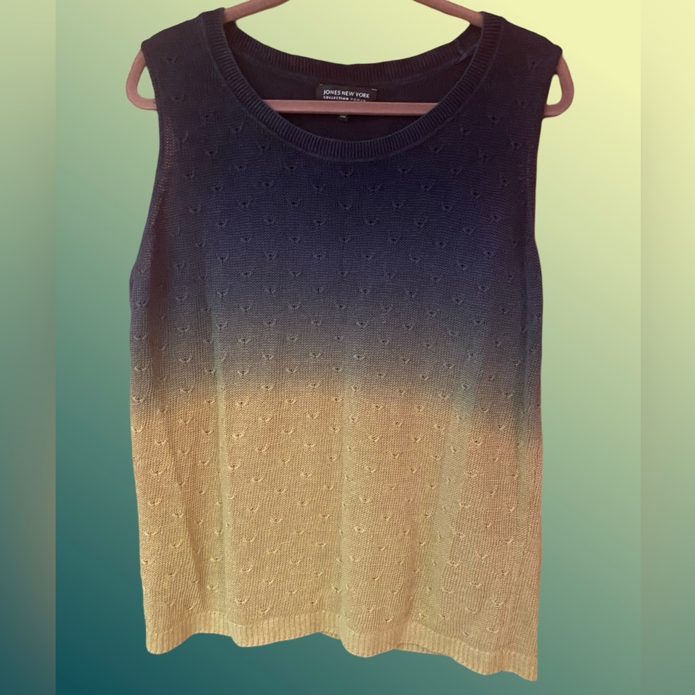 Jones New York Knit Scoop Neck Tank Top - Navy Blue/Green/Yellow Ombre - Size 1X
